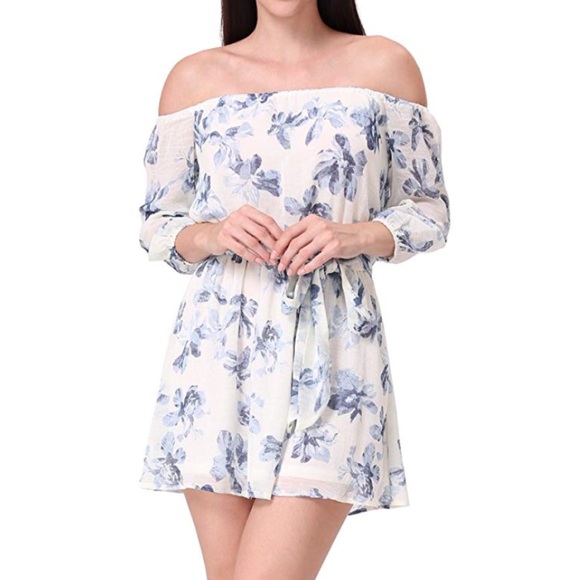 Dresses & Skirts - Off Shoulder Blue Floral Tie Waist Half Sleeve Mini Dress